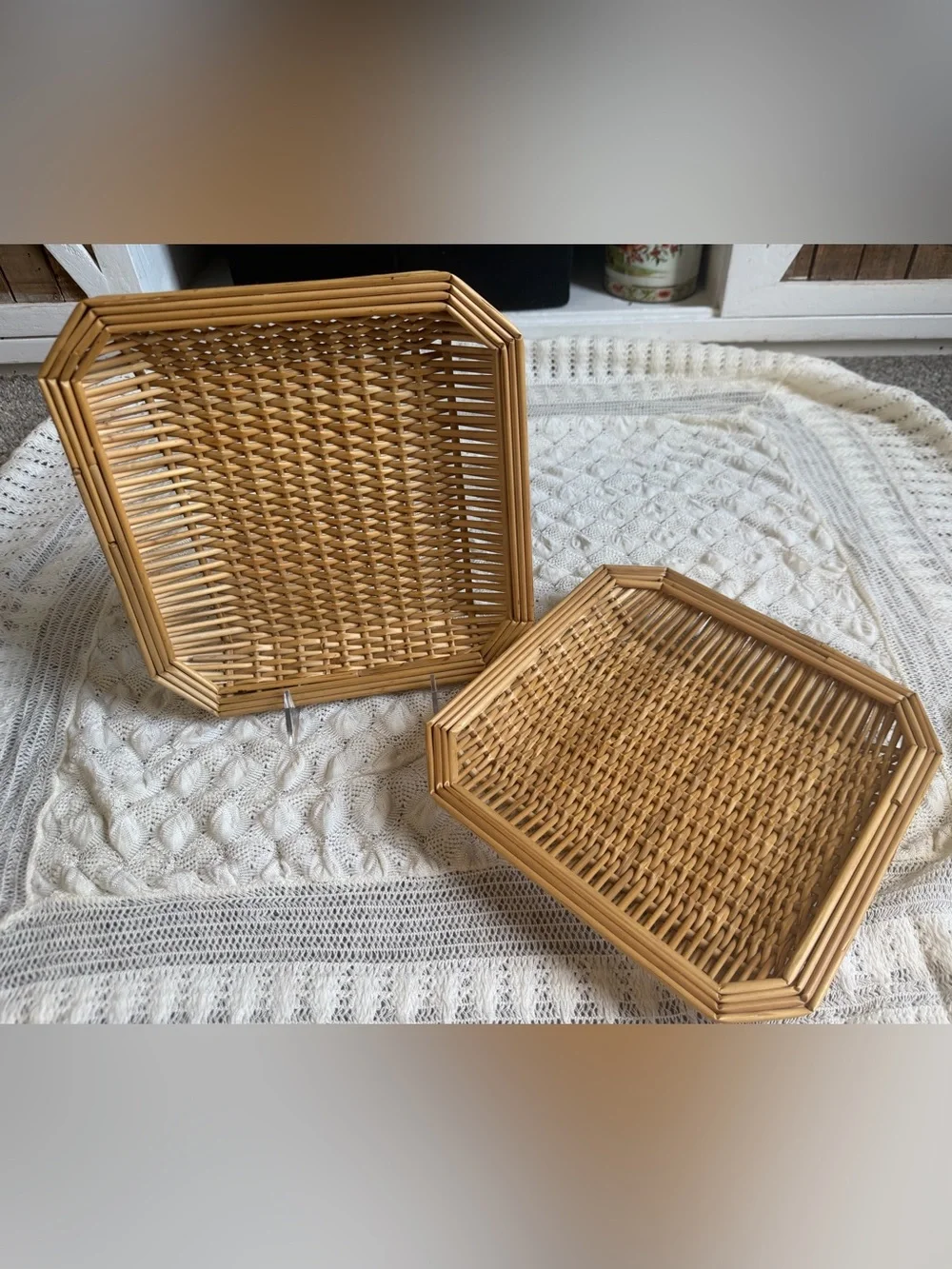 Vintage Woven Rattan Hexagon Serving Tray - Natural